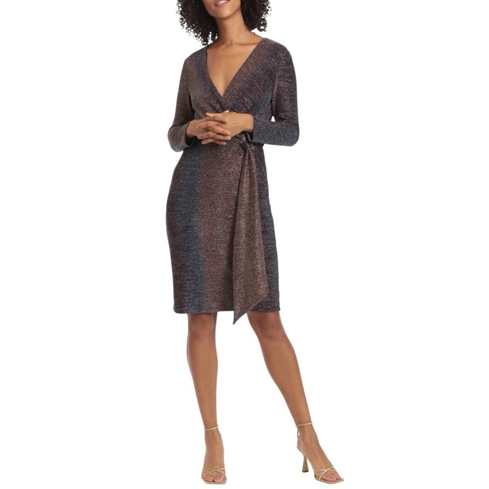 Maggy London Multicolored Rainbow Shimmer Metallic Surplice Cocktail Party Dress